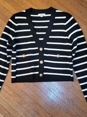 RW&CO. Black and White Striped V-Neck Cardigan with Gold Buttons